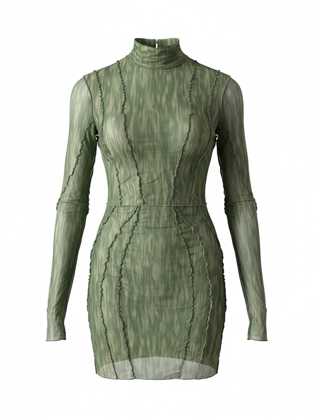 House of CB Olive Sheer Mesh High-Neck Bodycon Mini